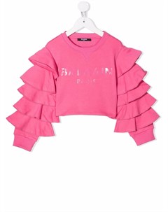 Футболка с оборками на рукавах и логотипом Balmain kids