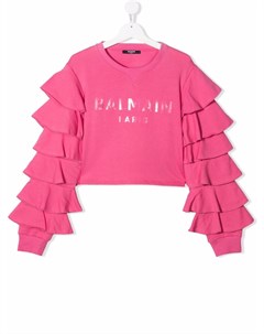 Футболка с оборками на рукавах и логотипом Balmain kids