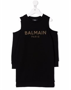 Платье с открытыми плечами и логотипом Balmain kids