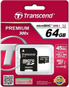 Карта памяти microSDXC UHS I 300x Premium Class 10 64GB TS64GUSDU1 Transcend