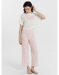 Комплект женский футболка бриджи молочно бежевая с принтом розовый леопард Mark formelle