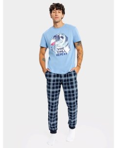 Комплект мужской футболка брюки светло синий в клетку Mark formelle