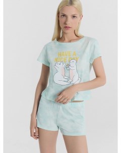 Комплект женский джемпер шорты мятный с милыми зверьками Mark formelle