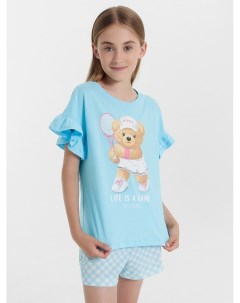 Комплект для девочек футболка шорты голубой в клетку виши Mark formelle