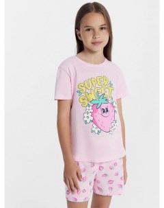 Комплект для девочек футболка шорты розовый с принтом клубника Mark formelle