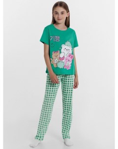 Комплект для девочек футболка брюки зеленый в клеточку Mark formelle