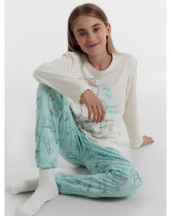 Комплект для девочек джемпер брюки бежево голубой с котиками Mark formelle