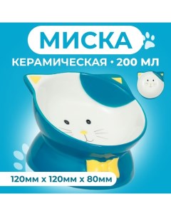 Миска керамическая "Киса" на подставке-лапках 200 мл 13 х 12 х 8 см, голубая Пижон