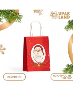 Пакет бумажный подарочный новогодний крафт "Санта" 120г/м 15 х 8 х 21 см. Upak land