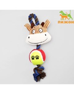 Игрушка для собак 3-в-1 "Корова": канатная, мягкая с пищалкой, войлочный мяч, 30 см Пижон