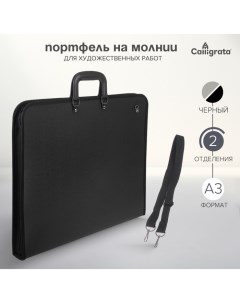 Портфель с 2 отделениями А3,, пластиковый, с ручкой, на молнии, с лямкой, для эскизов, чёрный Calligrata