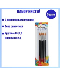 Набор кистей синтетика 5 штук круглые 1 2 3 плоские 5 8 с деревянными ручками Calligrata