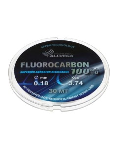 Леска монофильная FX Fluorocarbon 100%, диаметр 0.18 мм, тест 3.74 кг, 30 м, прозрачная Allvega