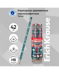 Карандаш чернографитный с ластиком "Tartan", HB, грифель d=2.2 мм, дерево, трeхгранный с принтом, в  Erichkrause