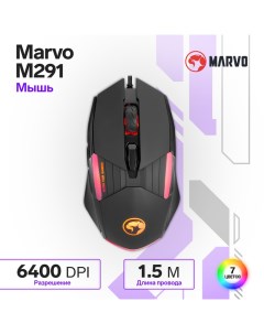 Мышь M291, игровая, проводная, оптическая, подсветка, 6400 dpi, USB, 1.5 м, чёрная Marvo