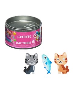 Ластик Candy Cat, набор 6 штук, 40х27х7мм и 40х17х5мм, железная банка Devente