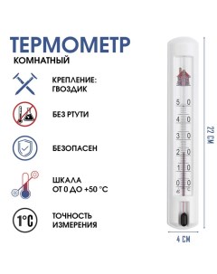 Термометр, градусник комнатный для измерения температуры воздуха, от 0°С до +50°С, 22 х 4 см Take it easy