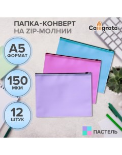 Набор папок конверт на ZIP молнии А5 150 мкм Pastel c черной молнией полупрозрачные пастель 12 штук  Calligrata