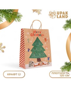 Пакет бумажный подарочный новогодний крафт "Новогодняя ёлка", 33 ? 26 ? 12 см. Upak land