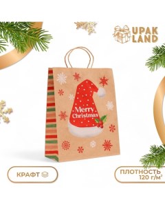 Пакет бумажный подарочный новогодний крафт "Новогодняя шапка", 33 ? 26 ? 12 см. Upak land