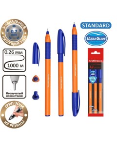 Набор ручек шариковых 3 штуки U 109 Orange Stick Grip игольчатый узел 1 0 мм чернила синие супермягк Erichkrause