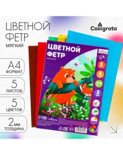 Фетр цветной набор, толщина-2 мм, формат А4, мягкий, 5 листов, 5 цветов, насыщенные цвета Calligrata