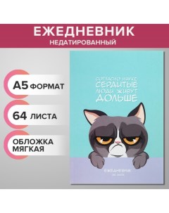 Ежедневник недатированный на склейке А5 64 листов мягкая обложка Сердитый котик Calligrata