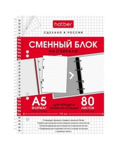 Сменный блок для тетрадей на 4 х кольцах А5 80 листов в клетку индивидуальная упаковка Hatber