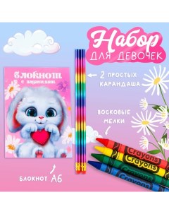 Подарочный набор блокнот А6, карандаши (2 шт.) и восковые мелки (4 шт.) «Самая милая» Artfox