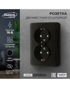 Розетка двухместная со шторкой "Орион", 16 А, скрытая, с з/к, черная Luazon lighting