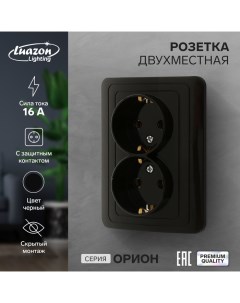 Розетка двухместная "Орион", 16 А, скрытая, с з/к, черная Luazon lighting