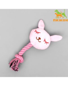 Игрушка мягкая для собак "Зайка с канатом", с пищалкой, 18 см, розовая Пижон