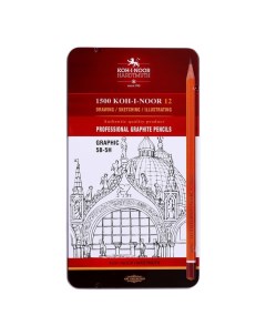 Набор карандашей чернографитных разной твердости 12 штук 1502/III, 5B-5H, в металлическом пенале Koh-i-noor