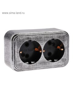 Розетка "" RA 16-238-ЧС, 16 А, 250 В, двухместная, открытая, с з/к, черная под серебро Элект