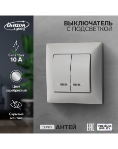 Выключатель "Антей", 10 А, 2 клавиши, скрытый, с подсветкой, серебристый Luazon lighting