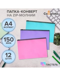 Набор папок-конверт на ZIP-молнии А4, 150 мкм, Pastel, c черной молнией, полупрозрачные, пастель, 12 штук, микс Calligrata