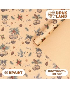 Бумага упаковочная новогодняя Рождественские игрушки бурый крафт 80 г м2 50 х 70 см Новый год Upak land