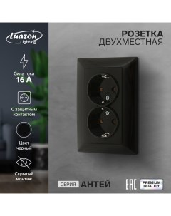 Розетка двухместная Антей 16 А скрытая с з к черная Luazon lighting