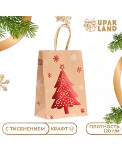 Пакет подарочный крафт с тиснением "Новогодняя ёлка", 15 ? 21 ? 8 см 1 шт Upak land