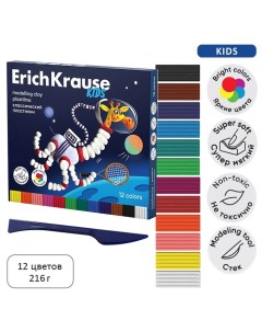 Пластилин 12 цветов, 216 г, "Kids Space Animals", со стеком, в картонной упаковке Erichkrause