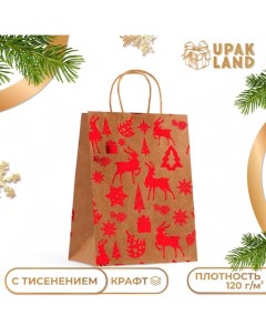 Пакет крафт с тиснением, круглая ручка, "Лес" 21 х 27 х 11 см, 120 г Upak land