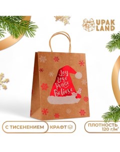 Пакет крафт с тиснением, круглая ручка, "Колпак" 33 х 25 х 12 см, 120 г Upak land