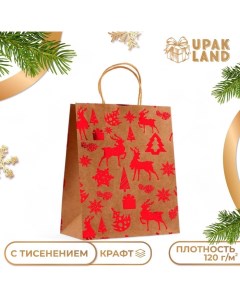 Пакет крафт с тиснением, круглая ручка, "Лес" 33 х 25 х 12 см, 120 г Upak land