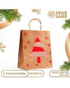 Пакет крафт с тиснением, "Ёлка" круглая ручка, 33 х 25 х 12 см, 120 г Upak land