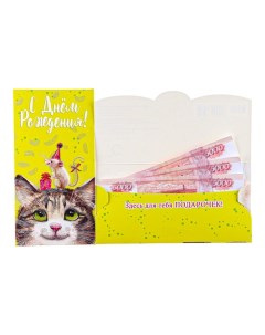 Конверт для денег "С Днём Рождения!" кот, мышка, 8,5 х 17 см Стильная открытка