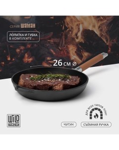 Сковорода чугунная, d=26 см, лопатка и губка в комплекте Wild kitchen