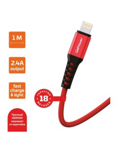 Кабель GoPower GP02L, Lightning - USB, 2.4 А, 1 м, передача данных, нейлон, красный Gopower