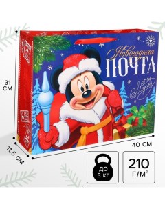 Пакет подарочный новогодний, 40х31х11.5 см, упаковка, Микки Маус Disney