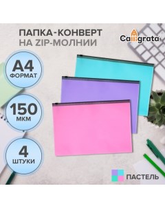 Набор папок-конвертов на ZIP-молнии A4, 150 мкм, Pastel, полупрозрачные, 4 штуки, МИКС Calligrata