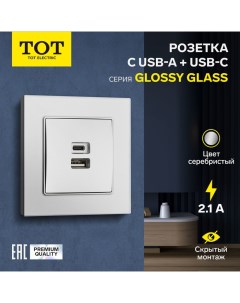 Розетка с USB-A + USB-C разъёмами, 2.1 A, 5В, Glossy Glass, скрытая, стекло, серебристая  10439 Tot